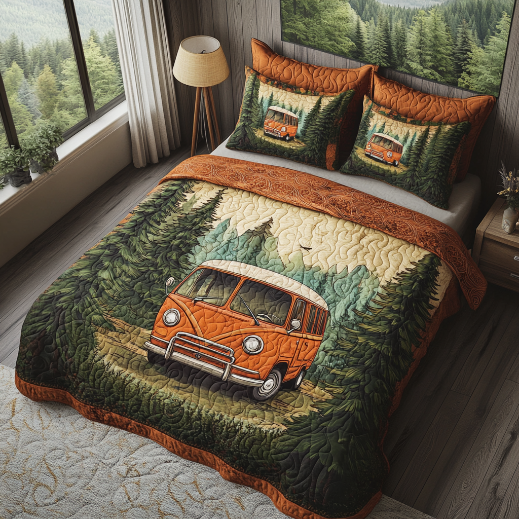 Retro Adventure Quilted Bedding Set Unique Bed Sheet Set Gift For Camper