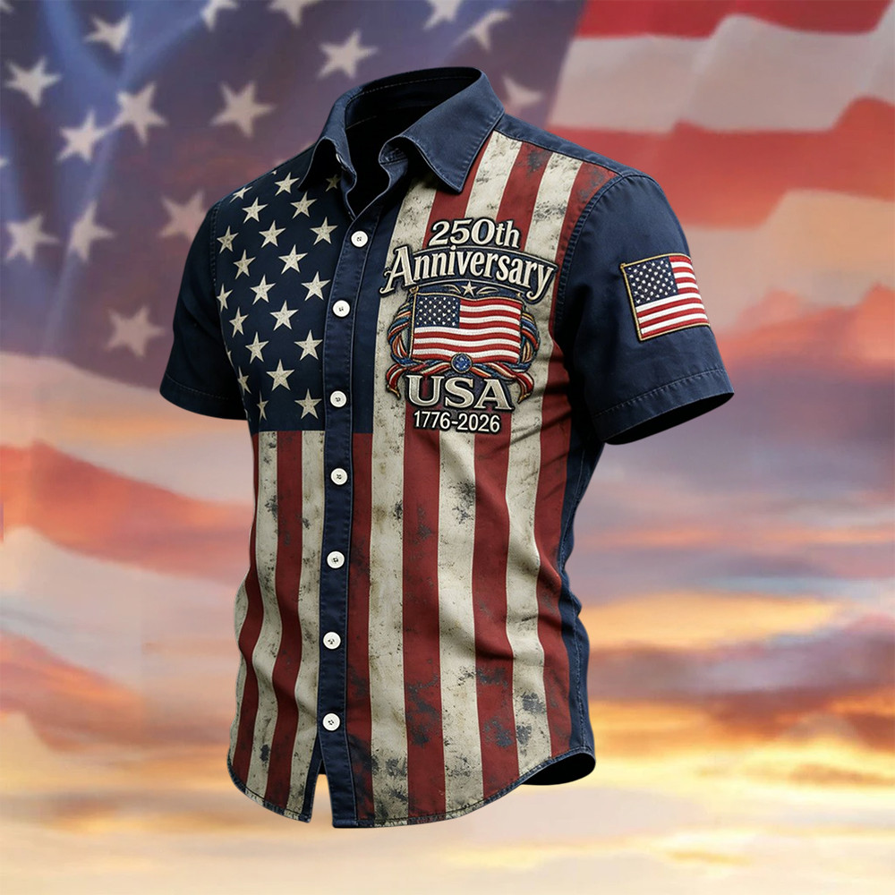 Retro American 250th Anniversary 1776 2026 Button Up Shirt Independence Day Merch
