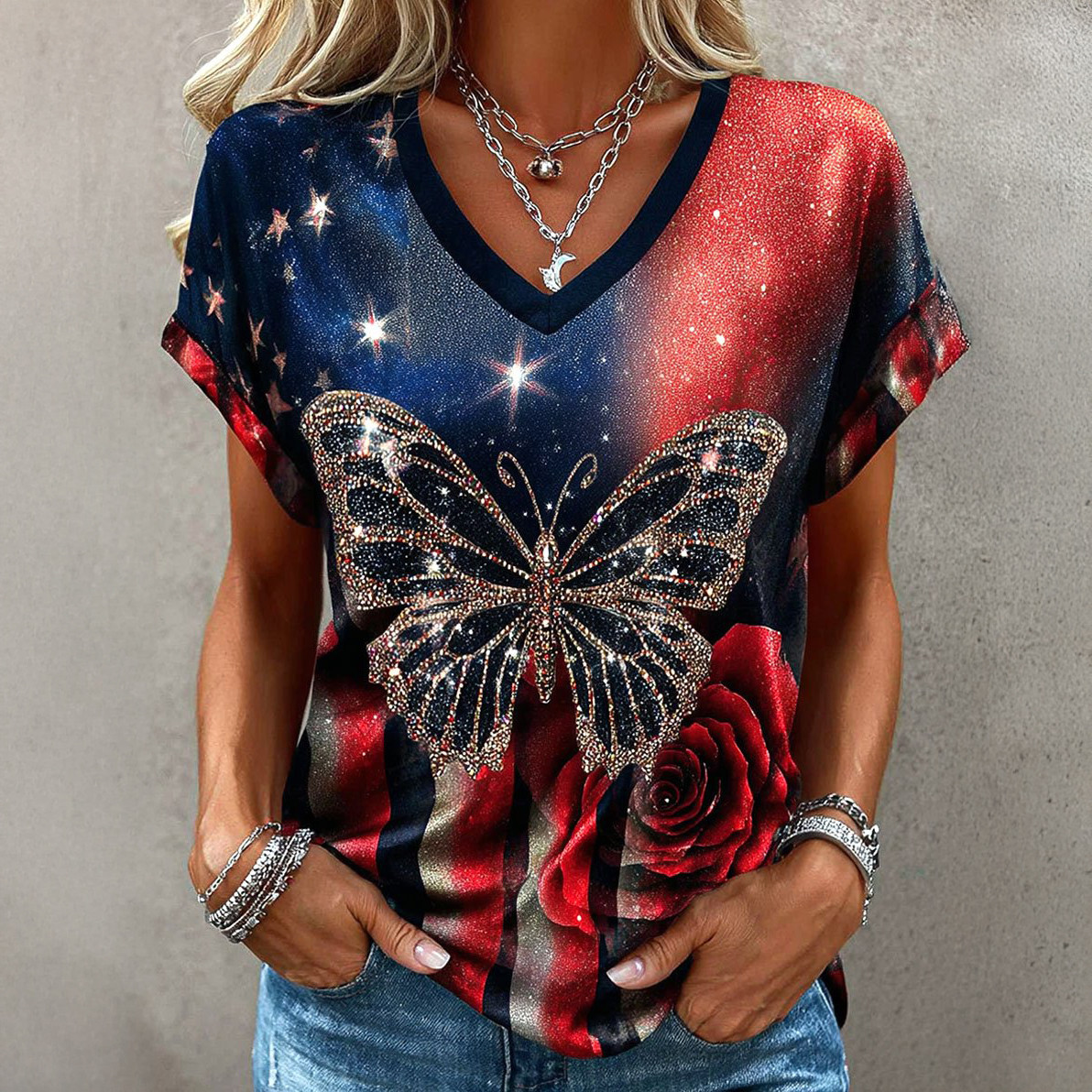 Retro American 250th Anniversary Butterfly V-Neck Shirt Independence Day Merch 4Th Of July Gift
