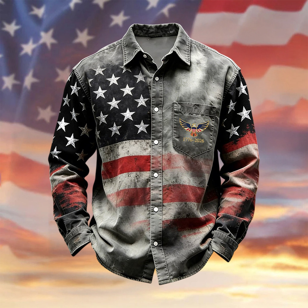 Retro American 250th Anniversary Button Up Long Sleeve Shirt July 4th Apparel Freedom Gift