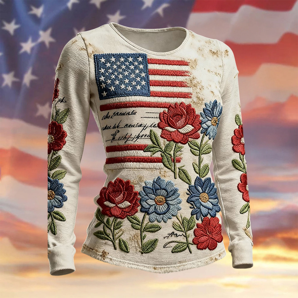 Retro American 250th Anniversary Floral Long Sleeve Shirt Patriotic Apparel Gift For 4th Of July