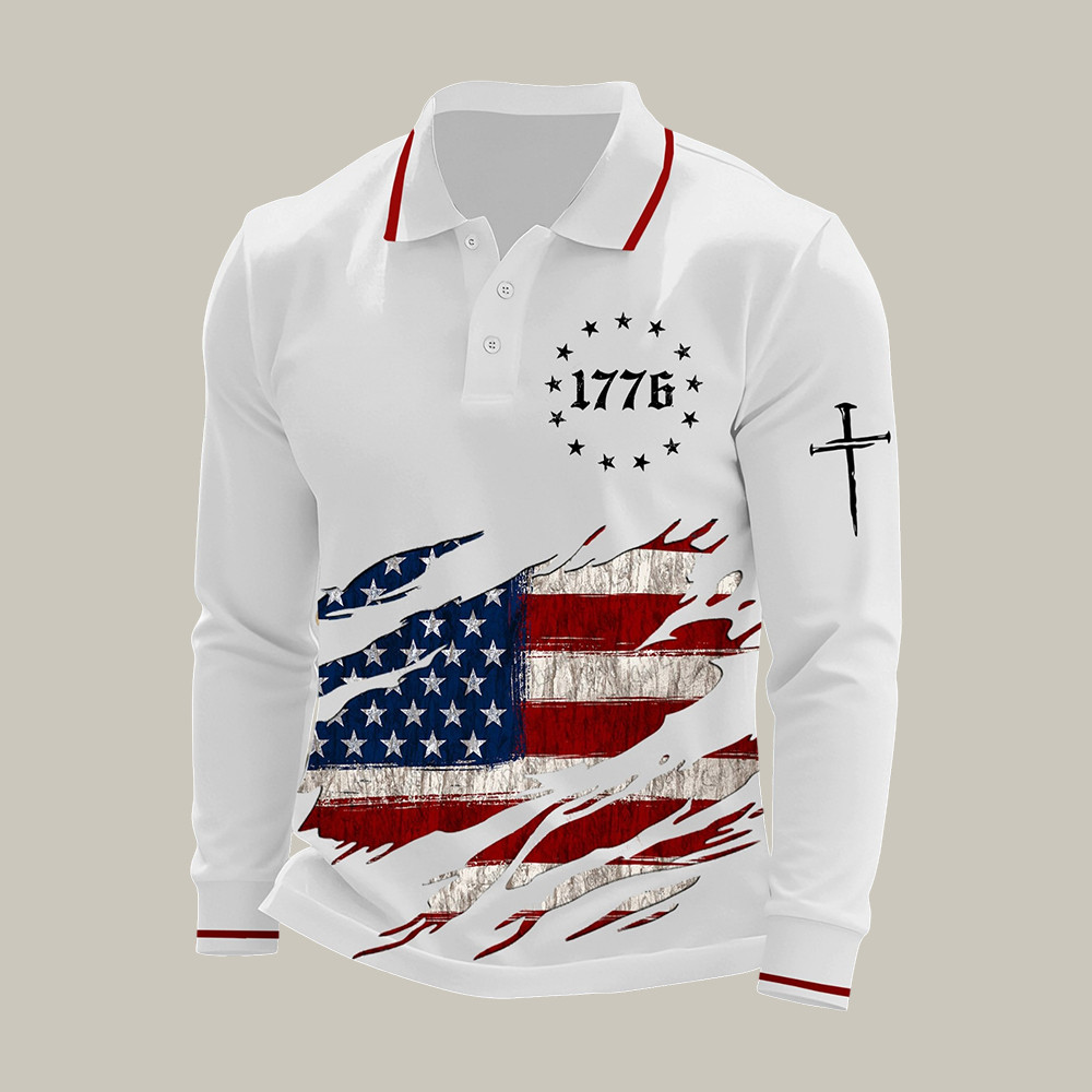 Retro American Flag 1776 Faith Polo Long Sleeve Shirt Independence Day 2026 Apparel