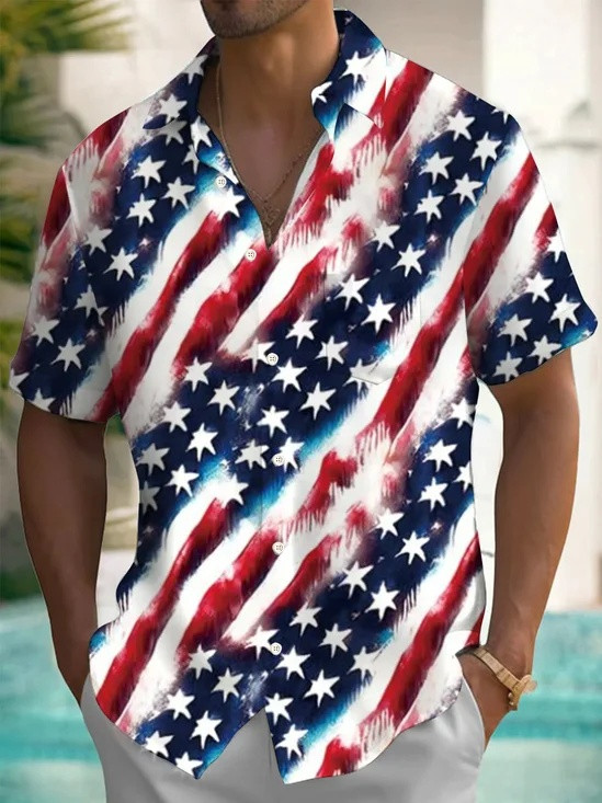 Retro American Flag Diagonal Hawaiian Button Shirt Patriotic Stars Stripes Merch Gift Ideas