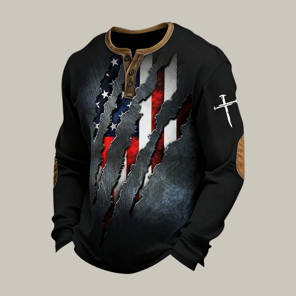 Retro American Flag Faith Cross Button Long Sleeve Shirt July 4 Apparel Unique Gift For Patriots