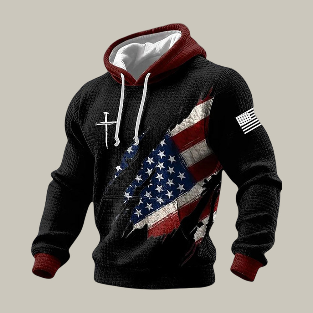 Retro American Flag Faith Cross Hoodie Independence Day 2026 Apparel July 4 Gift