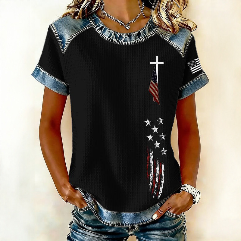 Retro American Flag Faith T-Shirt Shirt Fourth Of July Clothing Present For Patriotic Wife