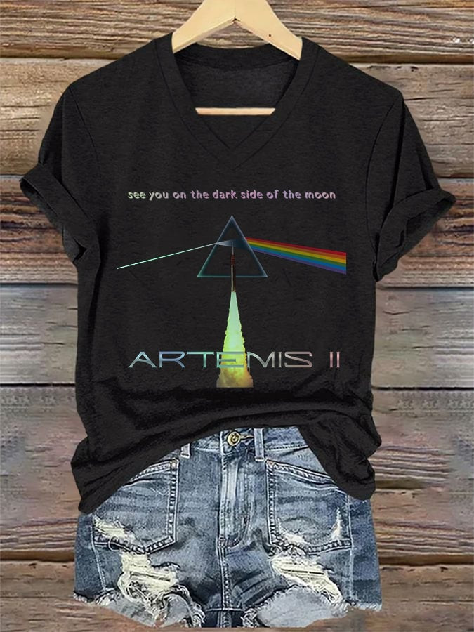 Retro Artemis II See You On The Dark Side Of The Moon V-Neck Shirt Artemis 2 Mission Clothes