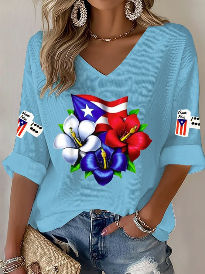 Retro Bad Bunny Puerto Rico Flag V-Neck Long Sleeve Shirt Bad Bunny Clothing Line Gift Ideas