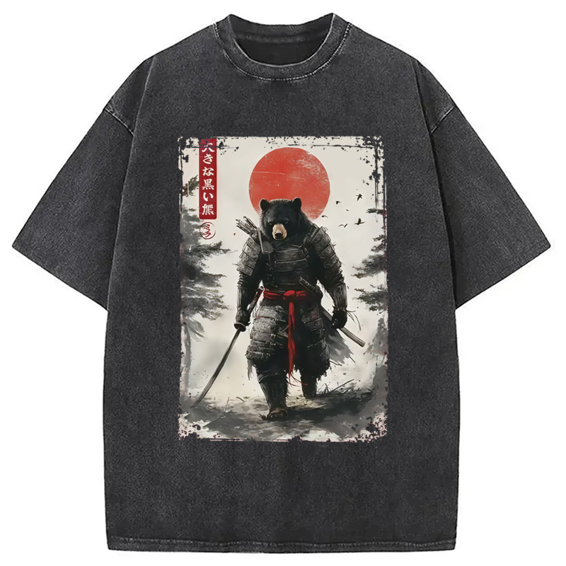 Retro Black Bear Samurai Washed T-Shirt Everyday Comfort Graphic Shirt Gifts For Besties