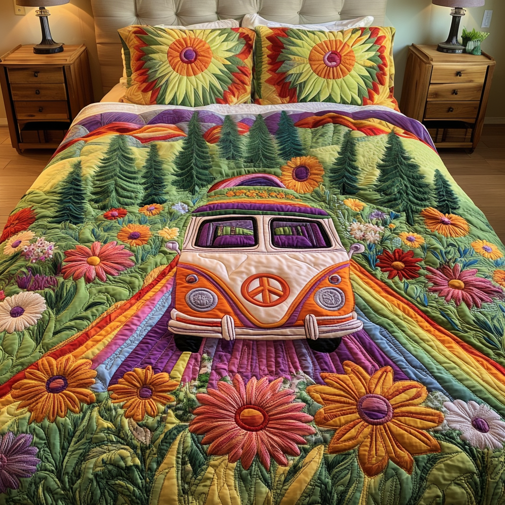 Retro Bloom Quilted Bedding Set Bed Decor Ideas Hippie Gifts For Her