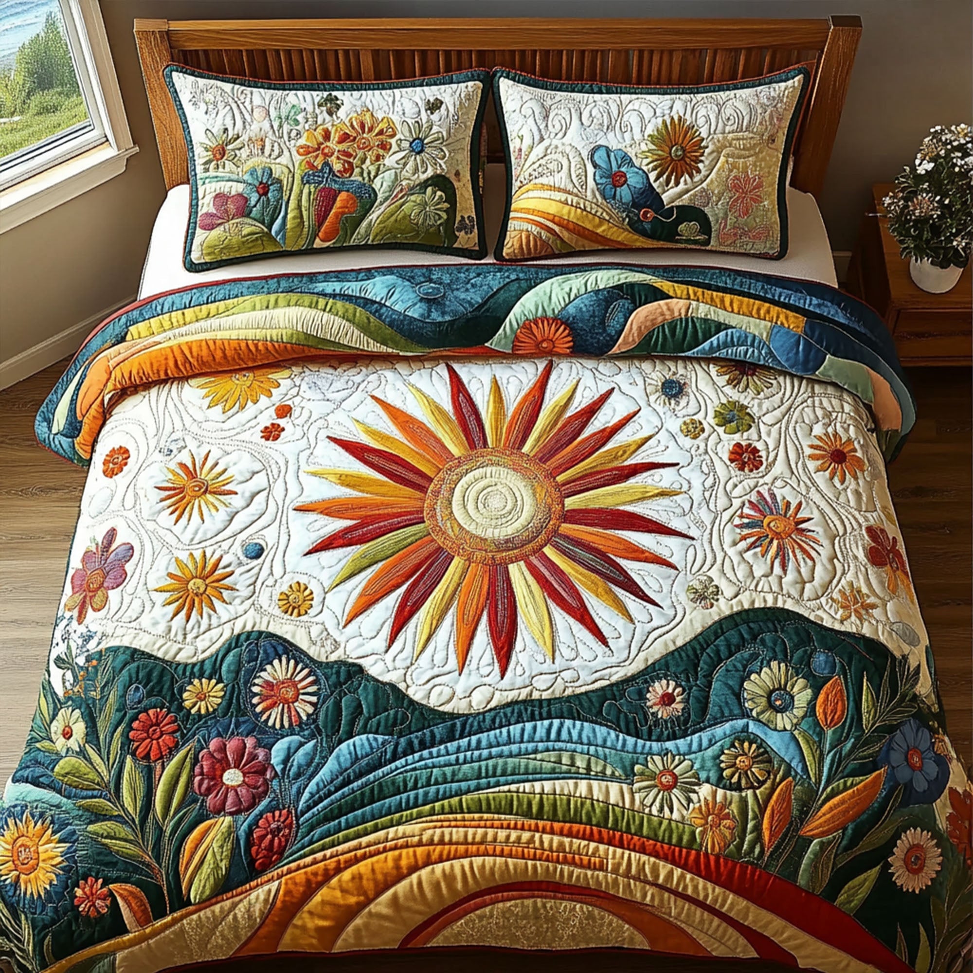 Retro Bloom Quilted Bedding Set Bedroom Decor Ideas Gifts For Hippie Mom
