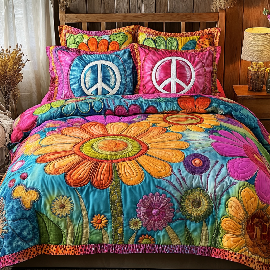 Retro Bloom Quilted Bedding Set Personalized Bedding Set Gift for Couples