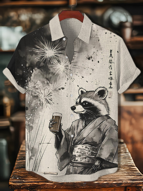 Retro Calligraphy Raccoon Beer Fireworks Hawaiian Shirt Best Gifts For Husband