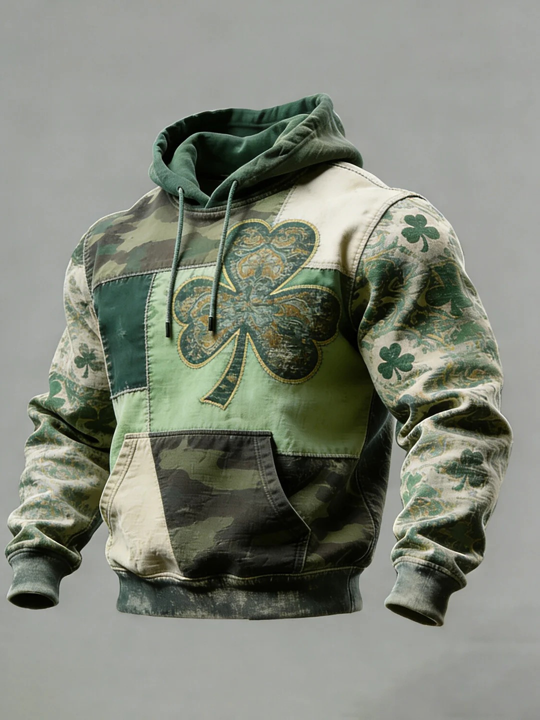 Retro Camo St Patricks Day Clover Patchwork Graphic Pocket Hoodie Irish Gift For Men