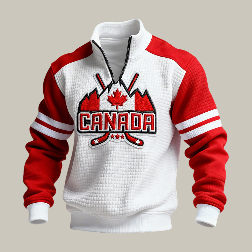 Retro Canadian Hockey Flag Maple Leaf Quarter Zip Sweatshirt 2026 Winter Olympic Apparel