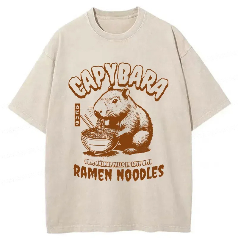 Retro Capybara Eating Ramen Washed T-Shirt Minimal Retro Graphic Clothing Gifts For Friends
