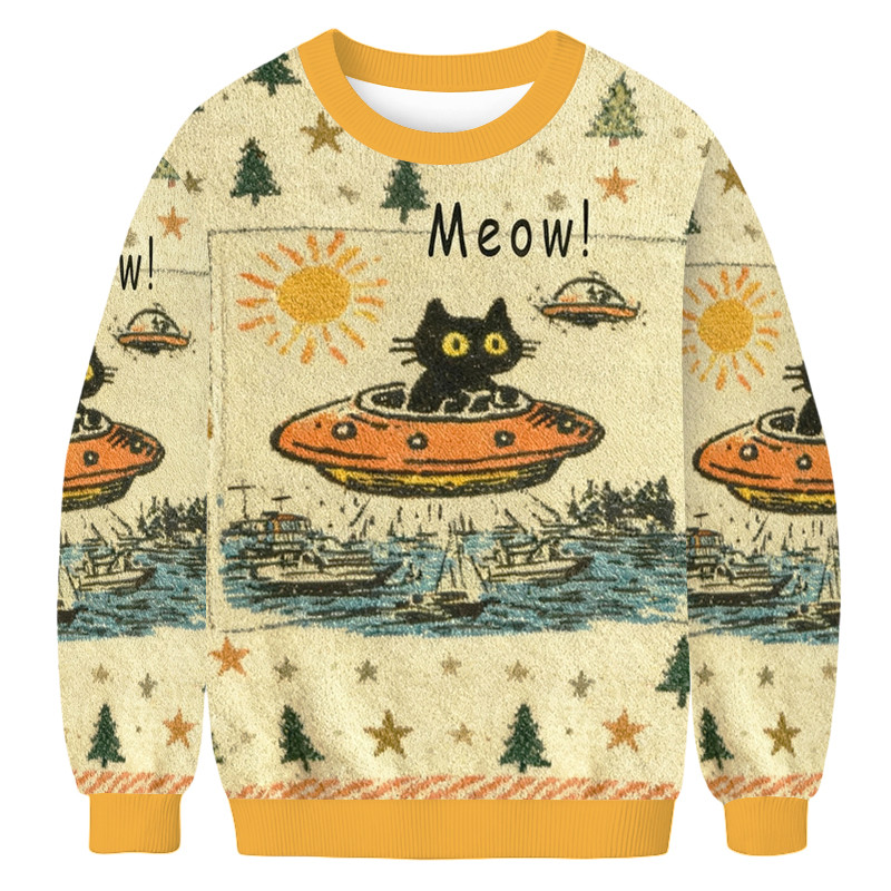 Retro Cat Meow Meme Christmas Ugly Sweater Holiday Clothing Christmas Gifts For Him