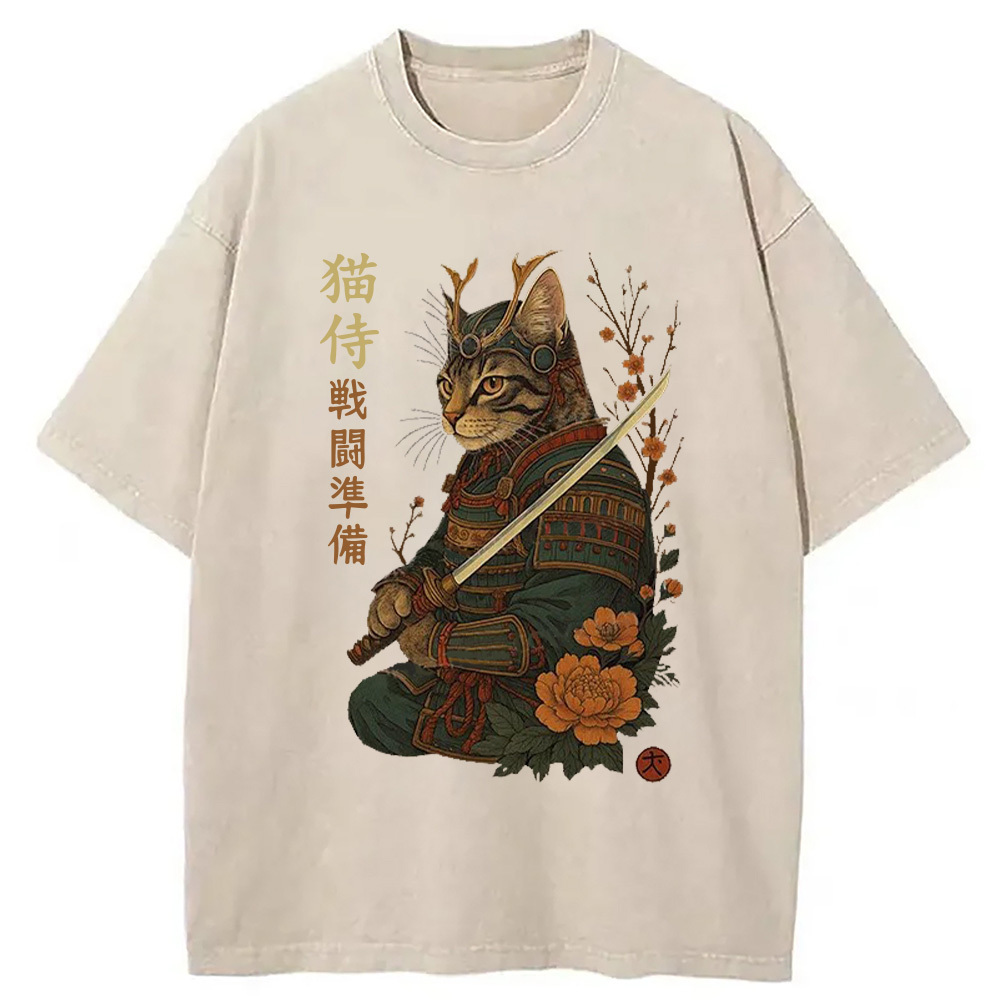 Retro Cat Samurai Japan Washed T-Shirt Soft Comfortable Daily T Shirt Gifts For Best Friend Retro Cat Samurai Japan Washed T-Shirt Soft Comfortable Daily T Shirt Gifts For Best Friend