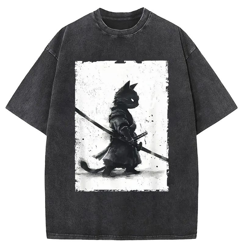 Retro Cat Samurai Japanese Washed T-Shirt Unique Aesthetic Fashion Tee Gifts For Friends
