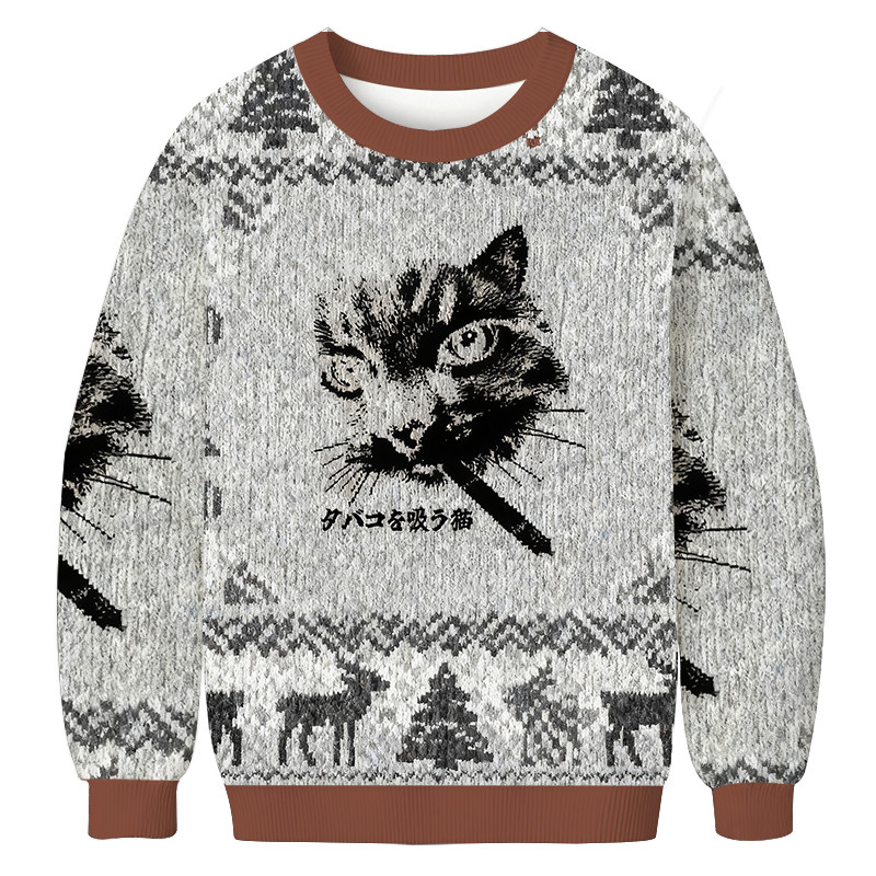 Retro Cat Smoking Christmas Ugly Sweater Xmas Clothing Christmas Presents For Him