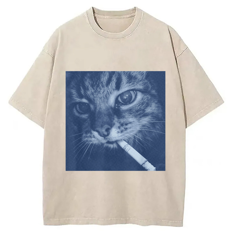 Retro Cat Smoking Washed T-Shirt Soft Cotton Daily Wear Tee Gifts For Brother