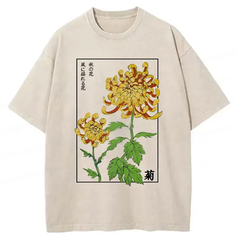 Retro Chrysanthemum Washed T-Shirt Cool Urban Street Style Shirt Gifts For Besties