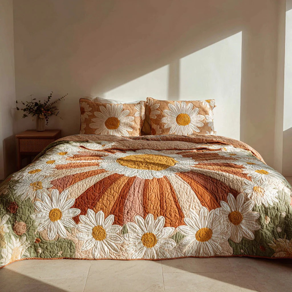 Retro Daisy Sunshine 3-Piece Quilted Bedding Set Boho Floral Bedspread Best Gift For Flower Lovers
