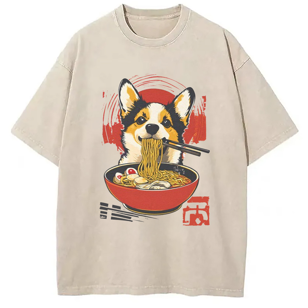 Retro Dog Ramen Washed T-Shirt Retro Streetwear Graphic Top Gifts For Him