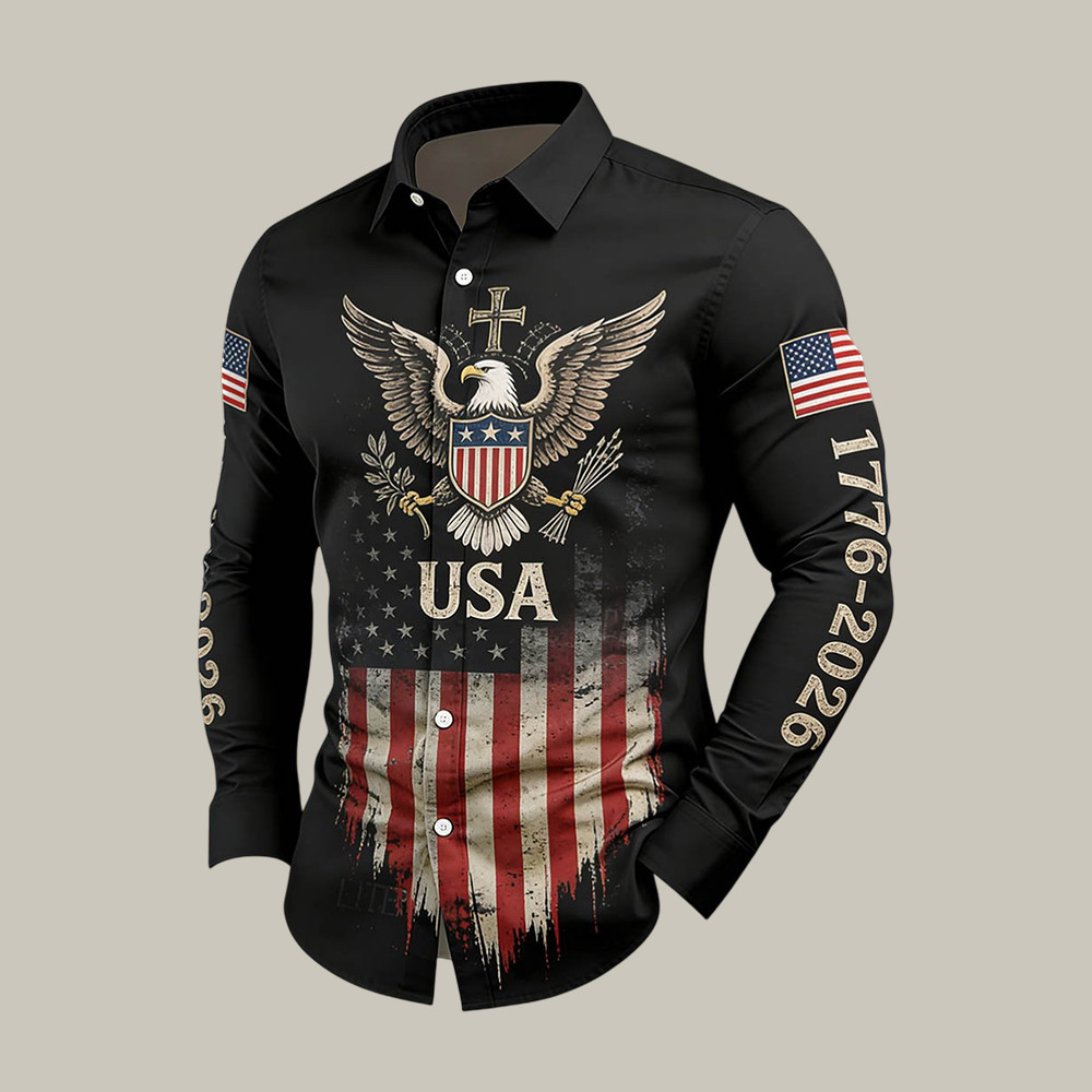 Retro Faith American 250th Anniversary Button Up Long Sleeve Shirt July 4 Outfits Patriotic Present