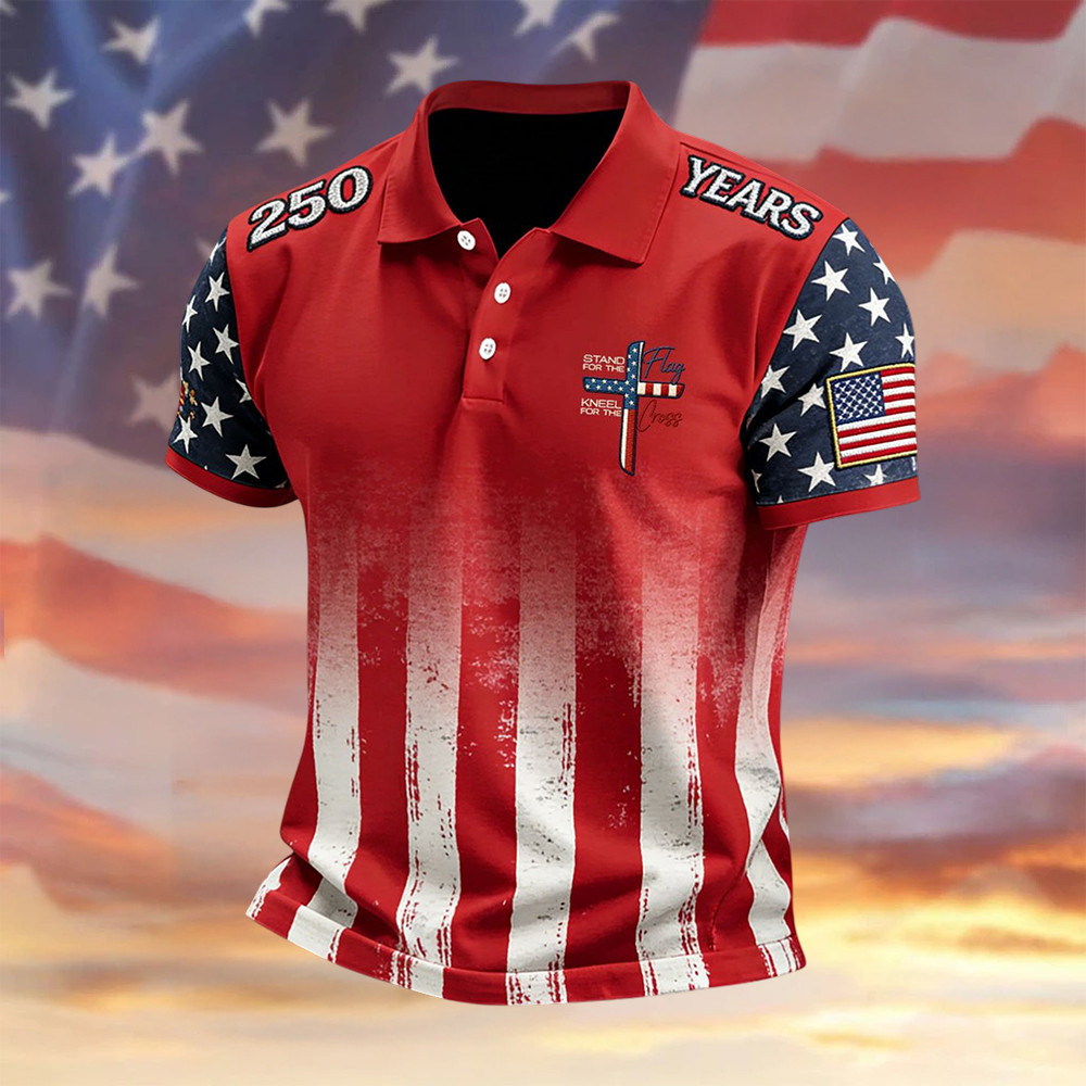 Retro Faith American 250th Anniversary Polo Shirt Fourth Of July Clothes Patriotic Men Gift
