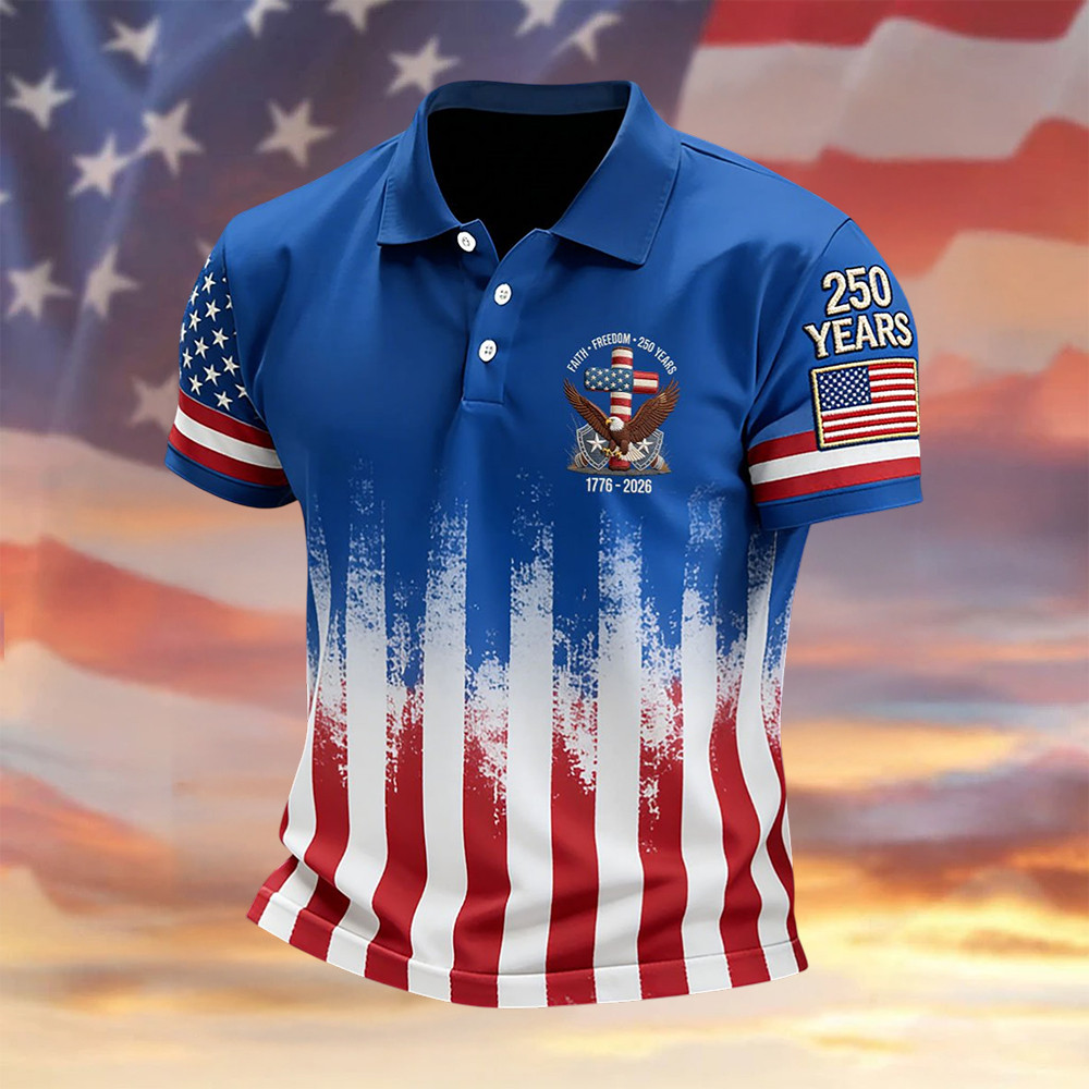 Retro Faith American 250th Anniversary Polo Shirt Patriotic Apparel American 250 Years Birthday Gift