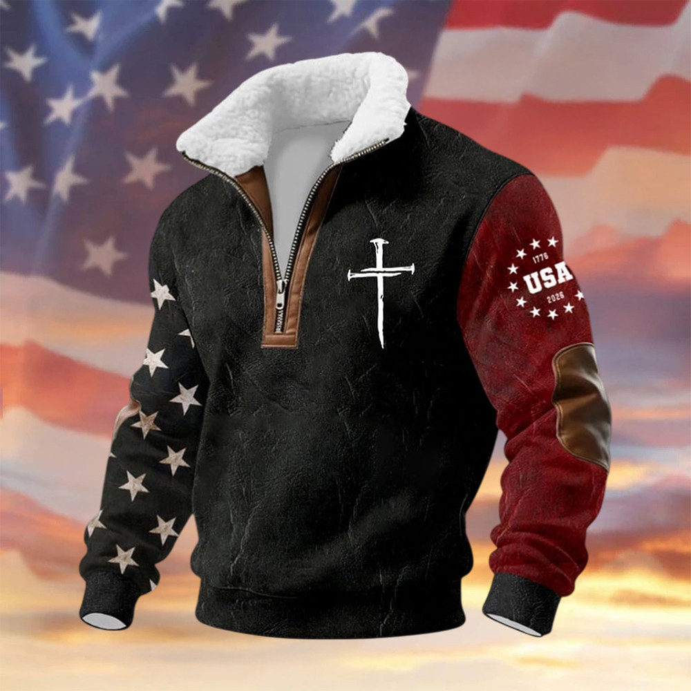 Retro Faith Flag 1776 2026 Stand Up Collar Sweater Independence Day Apparel Gift For Patriots