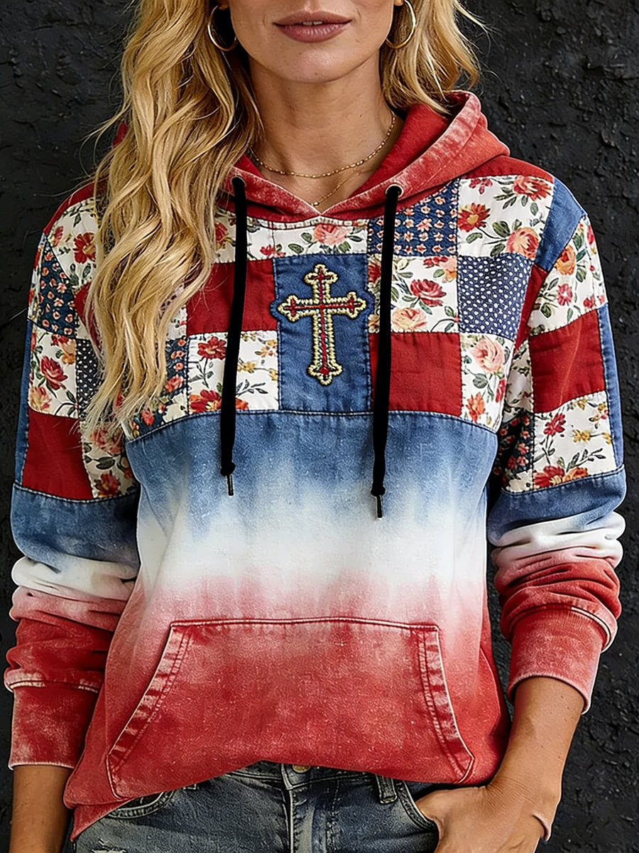 Retro Floral Faith Art Hoodie Christian Cross Patchwork Pullover Vintage For Women