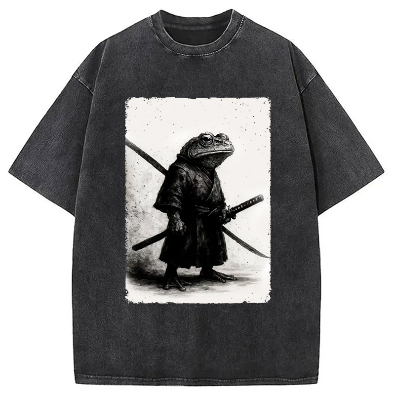 Retro Frog Samurai Japanese Washed T-Shirt Minimal Retro Graphic Clothing Gifts For Friends
