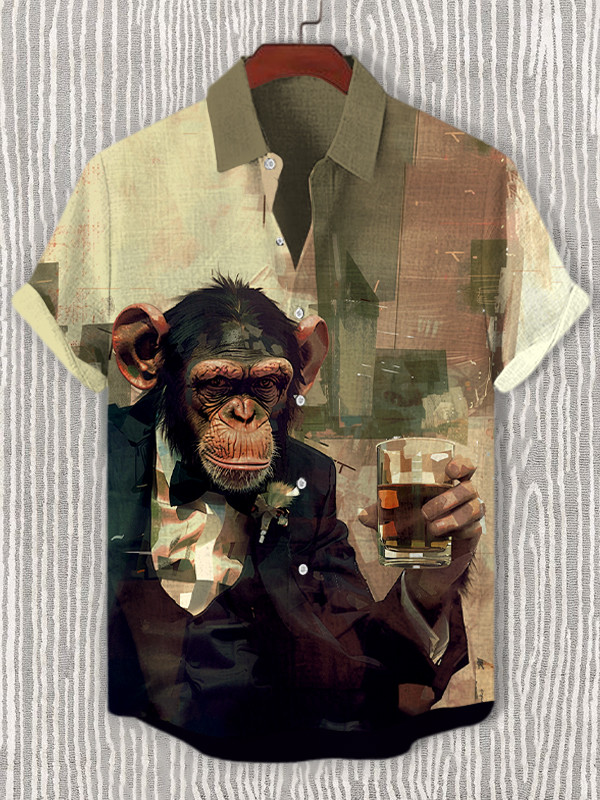 Retro Gentleman Monkey Drinking Art Hawaiian Shirt Gifts For Monkey Lovers