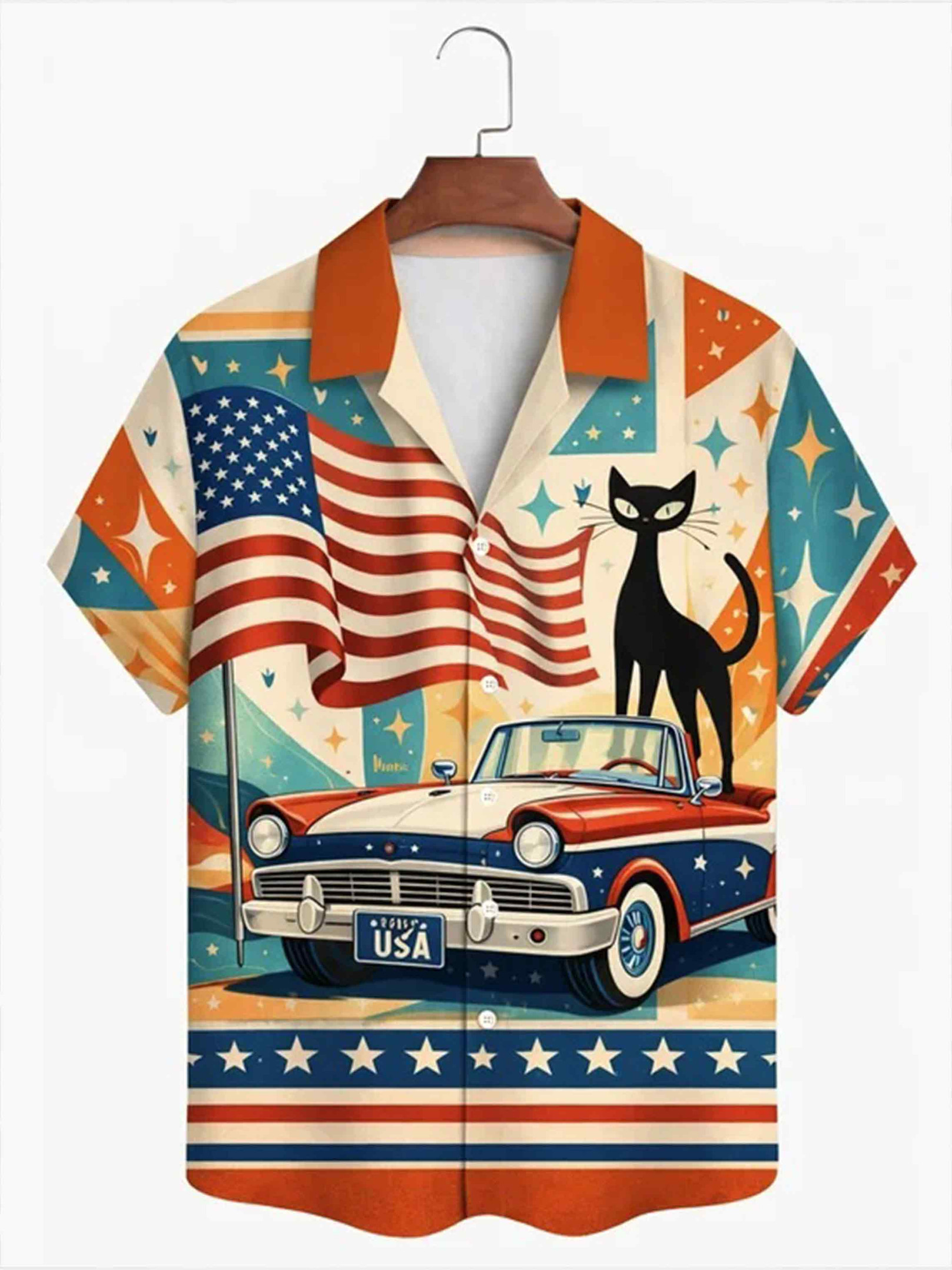 Retro Geometric Atomic Cat Hawaiian Shirt Independence Day 1776 2026 Clothing Gift For Him