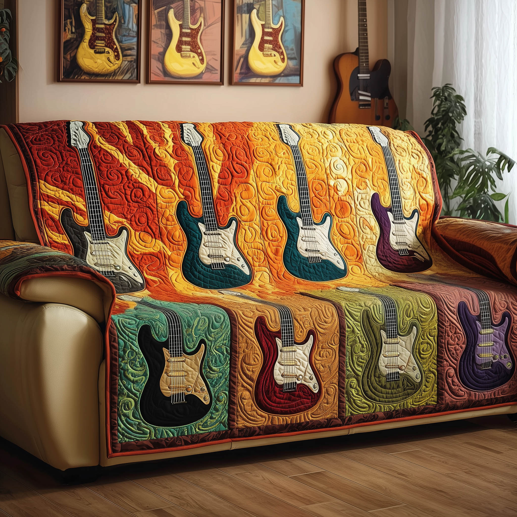 Retro Guitar Quilted Sofa Cover Classic Rock Instrument Design Novelty Guitar Gifts