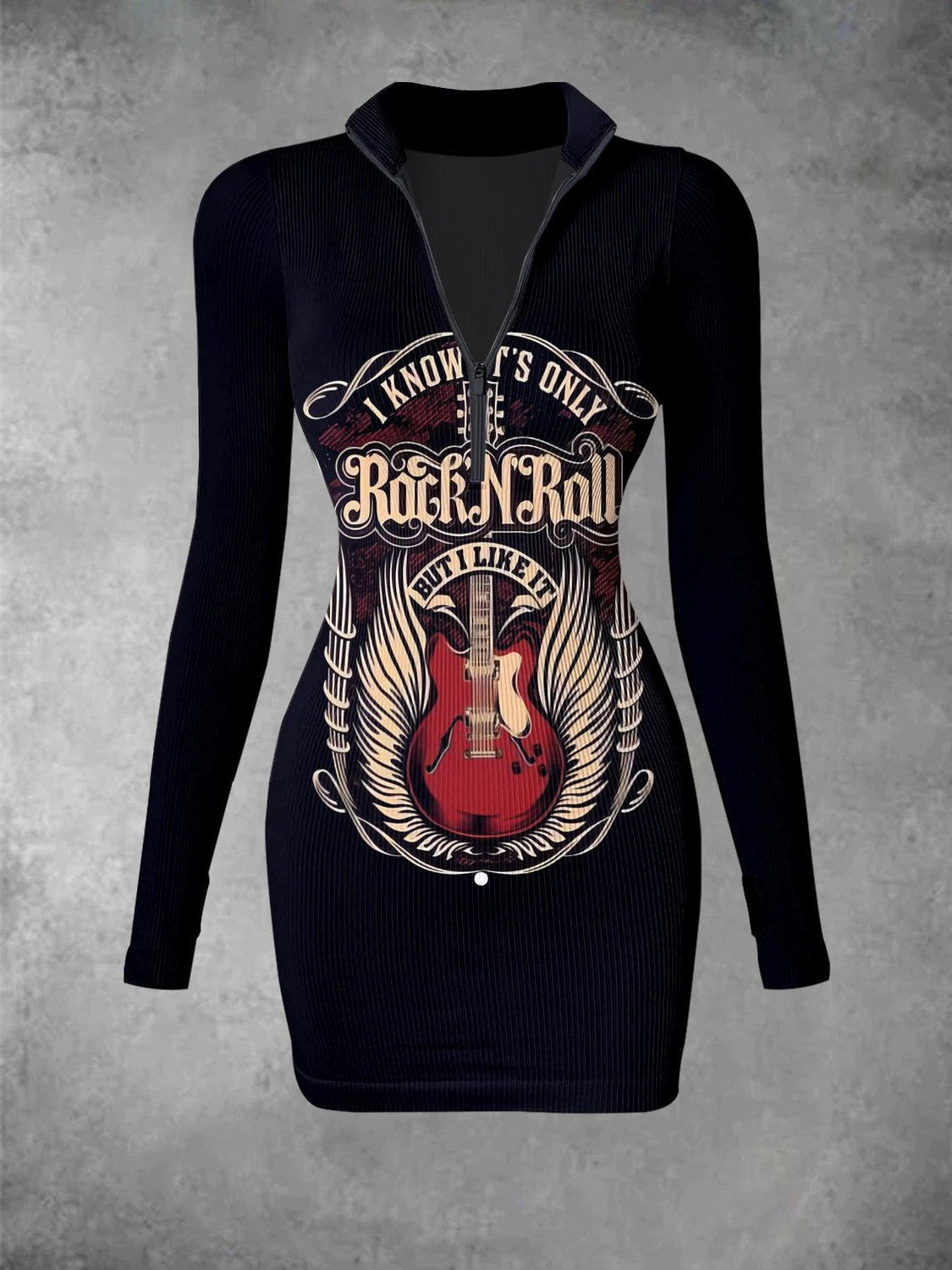 Retro Guitar Ribbed Zip Front Long Sleeve Mini Dress I Know It's Only Rock And Roll I Like It Retro Guitar Ribbed Zip Front Long Sleeve Mini Dress I Know It's Only Rock And Roll I Like It