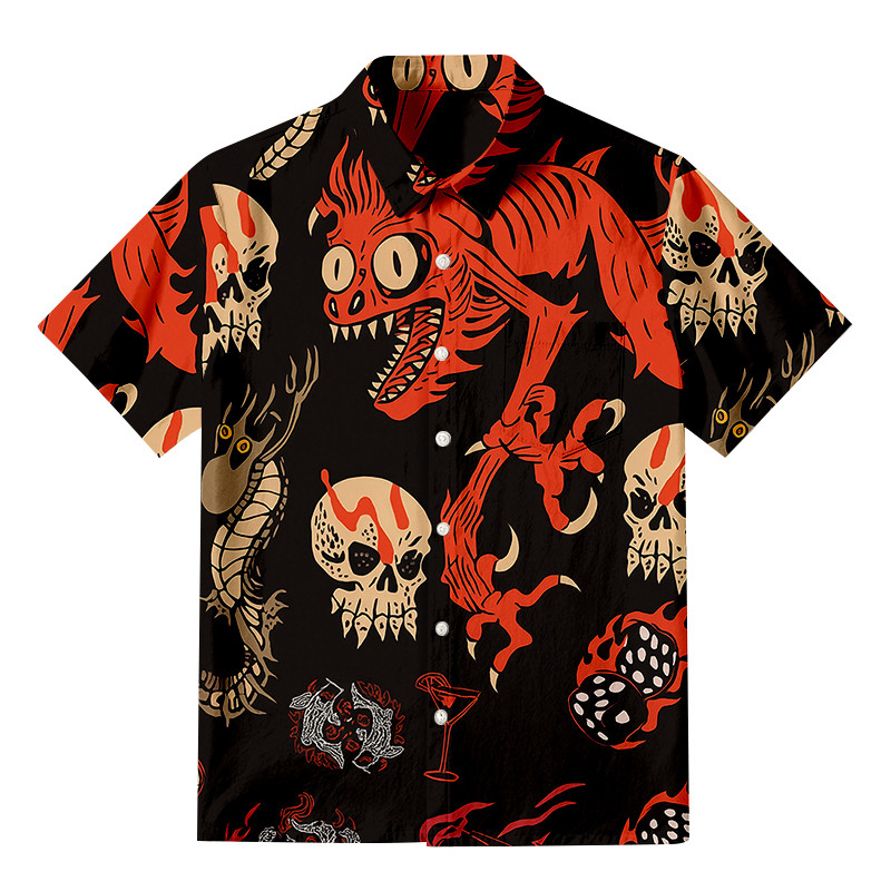 Retro Halloween Fusion Buttonup Shirt Monster Pattern Japanese Art Shirt Gifts For Yokai Lovers