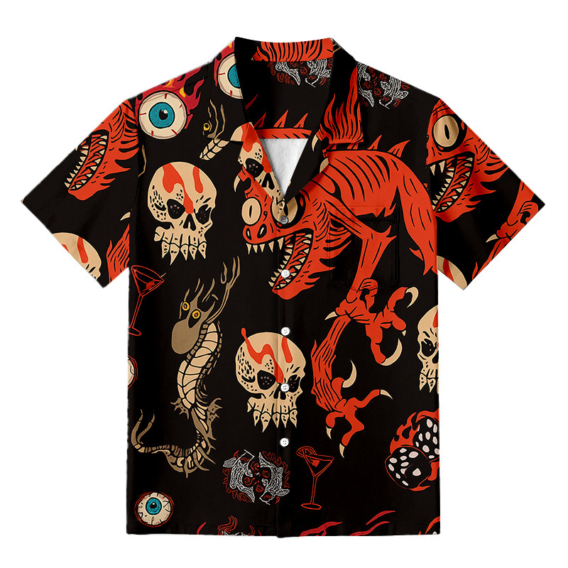 Retro Halloween Fusion Hawaiian Shirt Monster Themed Mythology Shirt Gifts For Yokai Lovers