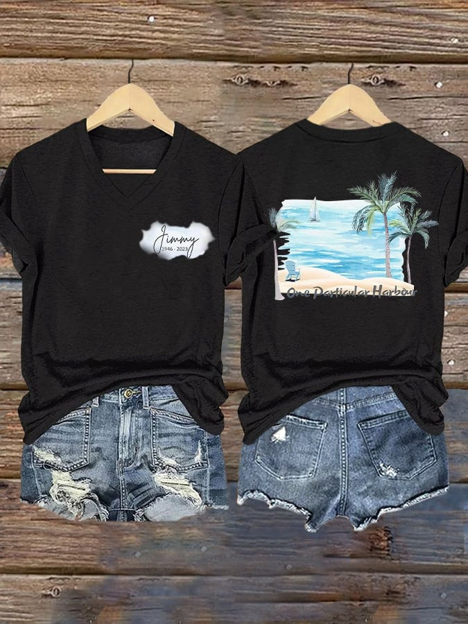 Retro Harbour Palm Trees Print V-Neck T-Shirt For Womens Gifts For Travel Lovers
