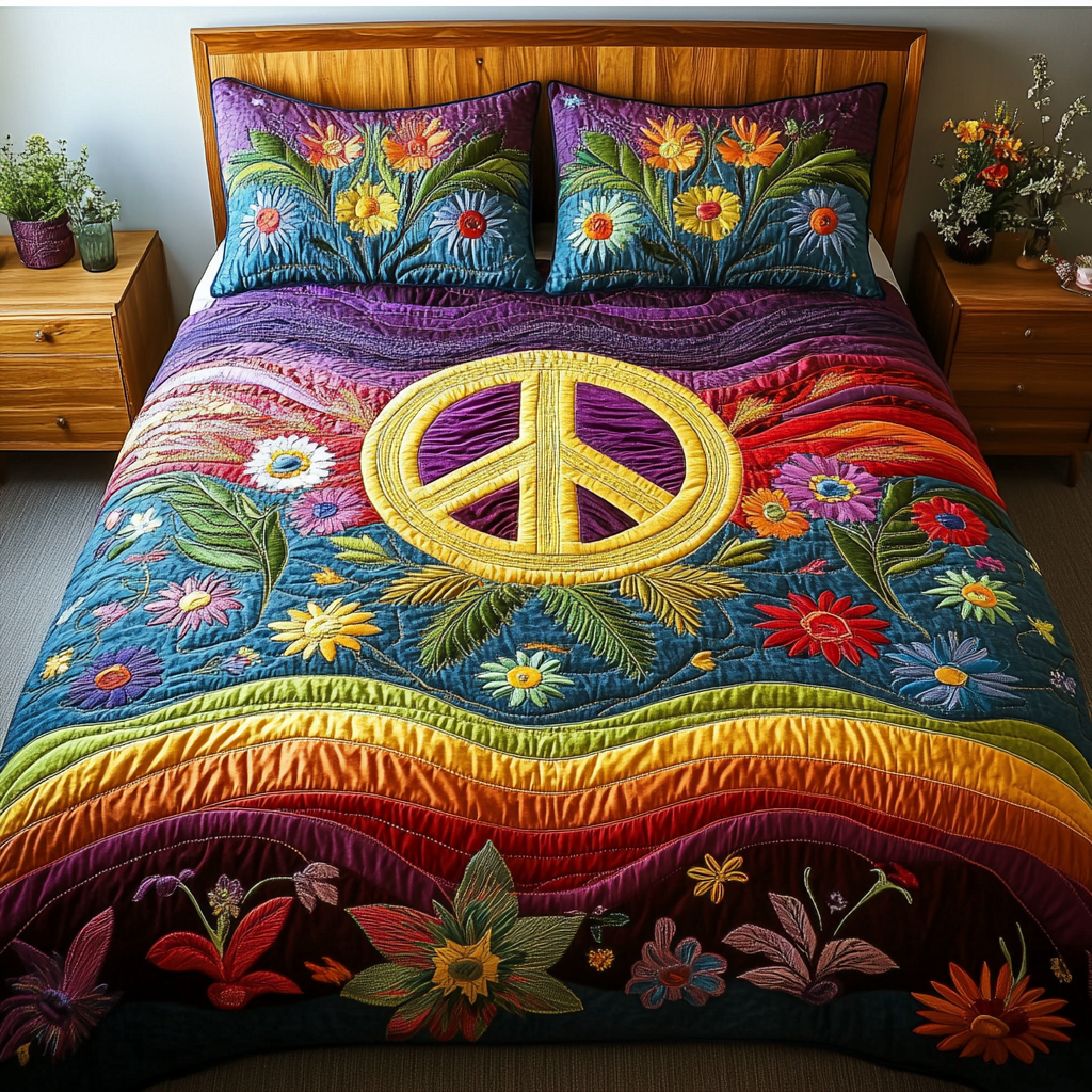 Retro Hippie Quilted Bedding Set Unique Bed Sheet Set Unique Gifts For Hippies