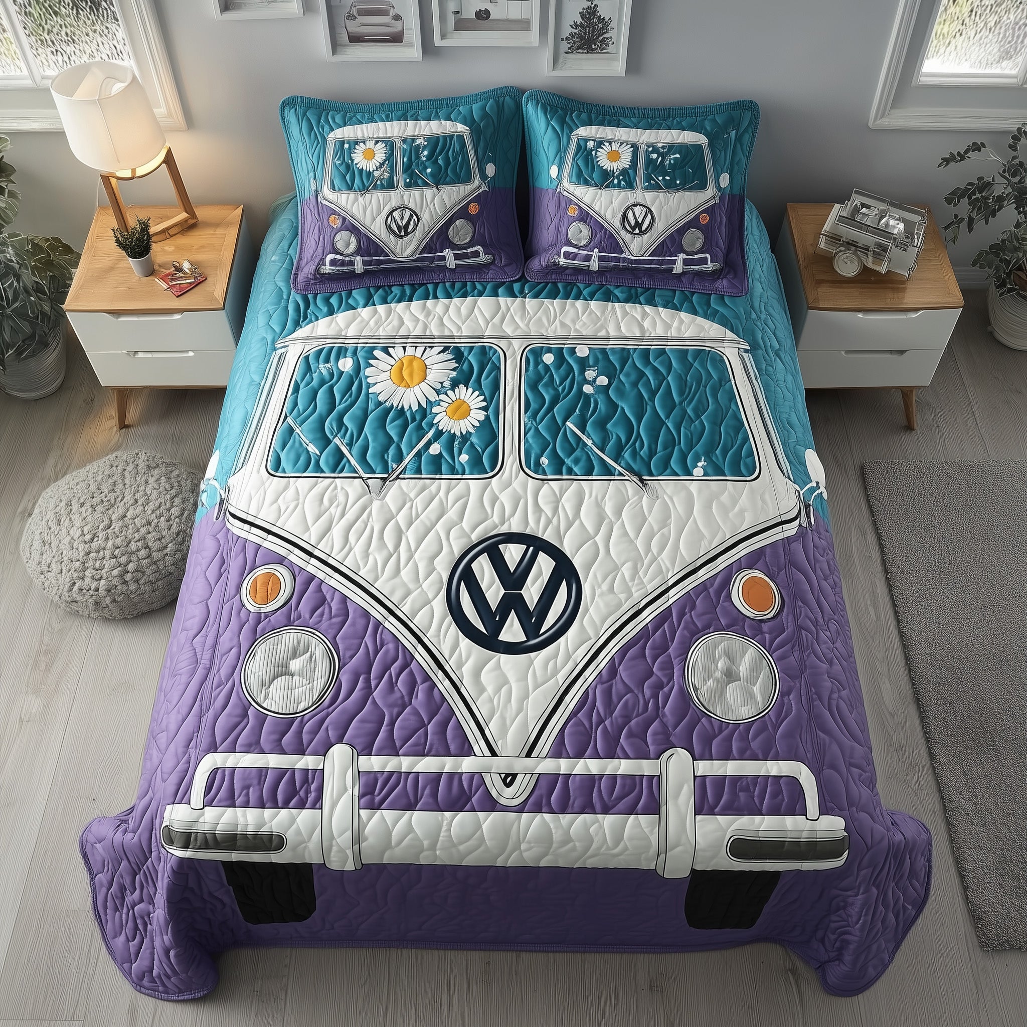Retro Hippie Van Quilted Bedding Set Daisy Flower Hippie Bus Vintage Boho Style Gifts