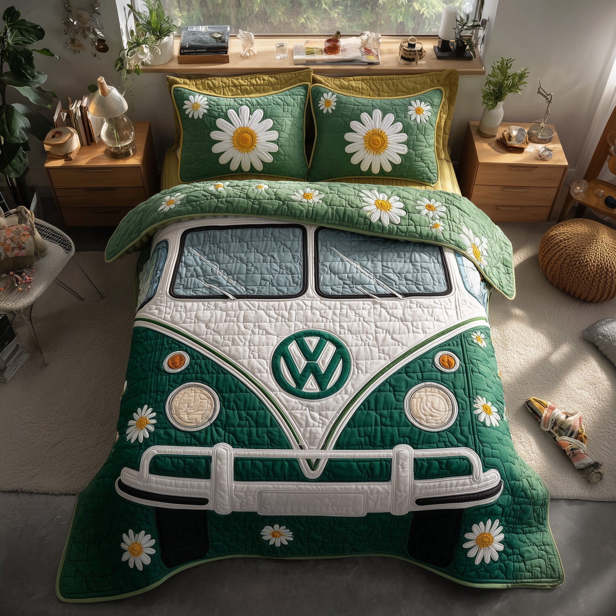 Retro Hippie Van Quilted Bedding Set Daisy Flower Hippie Green Bus Boho Style Gifts