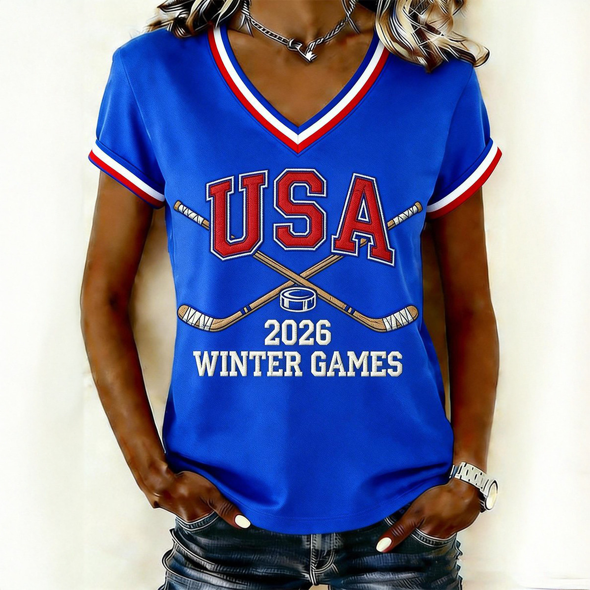 Retro Hockey Commemorative V-Neck Shirt USA 2026 Winter Games Gift For Her