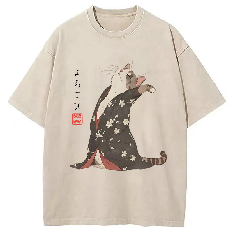 Retro Japanese Cat Washed T-Shirt Funny Aesthetic Trendy Apparel Gifts For BFF