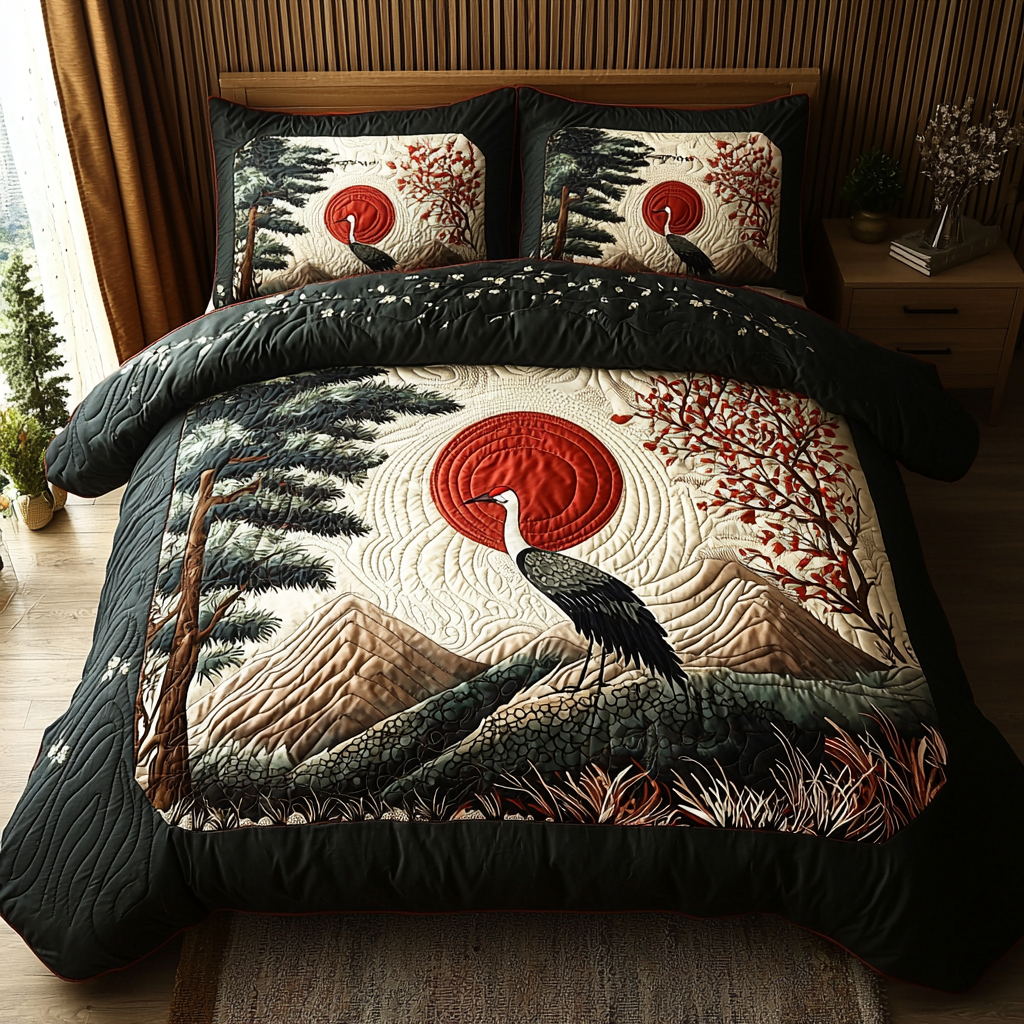 Retro Japanese Crane Quilted Bedding Set Best Comforter Sets Secret Santa Gifts