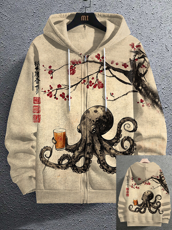Retro Japanese Octopus Drinking Beer Print Zip Hoodie Presents For Boyfriend