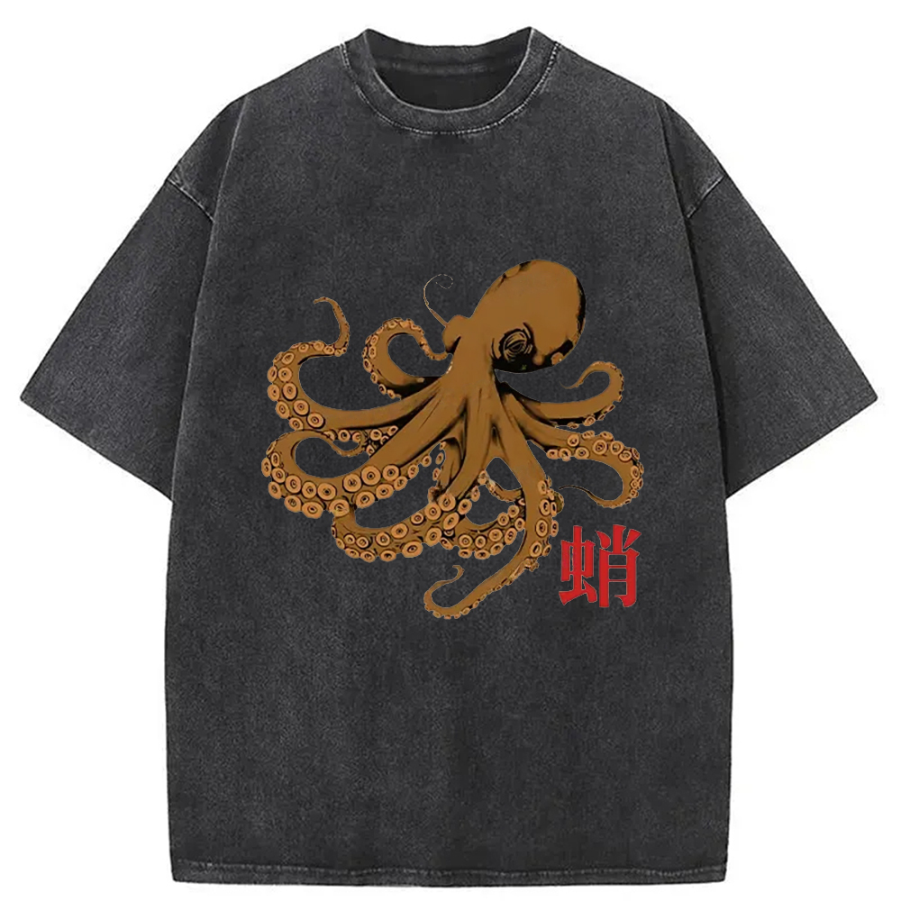 Retro Japanese Octopus Washed T-Shirt Everyday Comfort Graphic Shirt Gifts For Best Friend