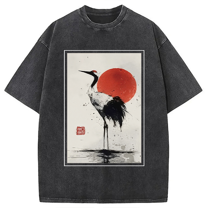 Retro Japanese Red-crowned Crane Washed T-Shirt Everyday Comfort Graphic Shirt Gifts For Besties